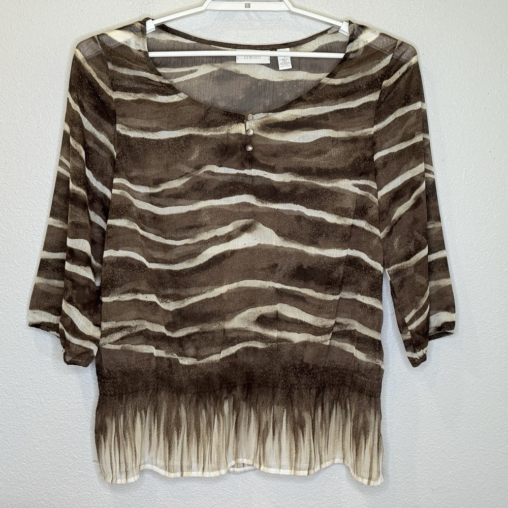 Chico's Sheer Blouson Top Womens Size 1 Brown Stripe 3/4 Sleeve Round‎ Neck